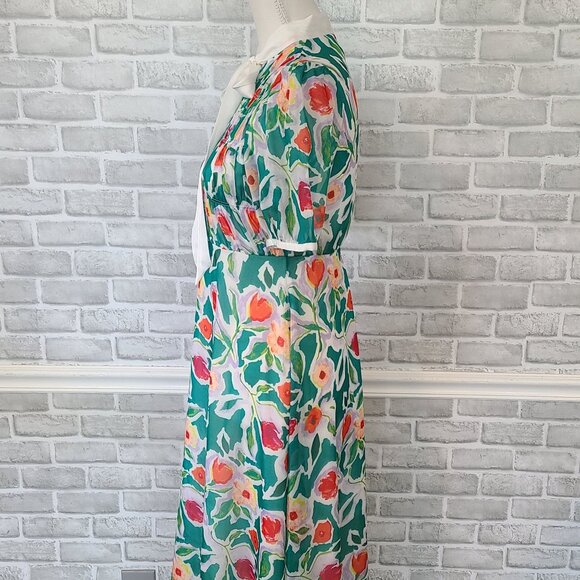 Psalter Poppy Floral Midi Dress Tie Neck Puff Sleeve Cottage Modest 36 EU 6 US - Picture 4 of 9